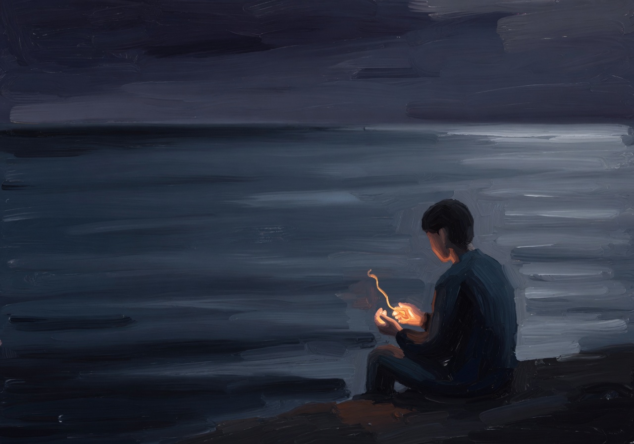 A figure sitting by water at night, cradling a small flame in their hands